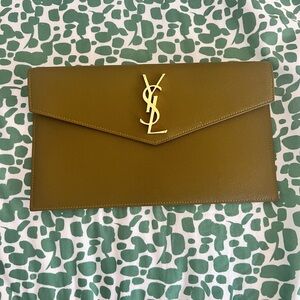 Yves Saint Laurent Uptown calfskin olive green envelope clutch